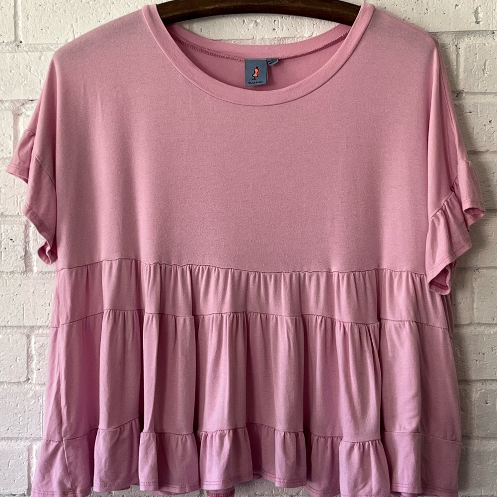Pink Melo Ruffled Pink Short Raglan Short Sleeve Top Feminine Tiered Relaxed Fit
